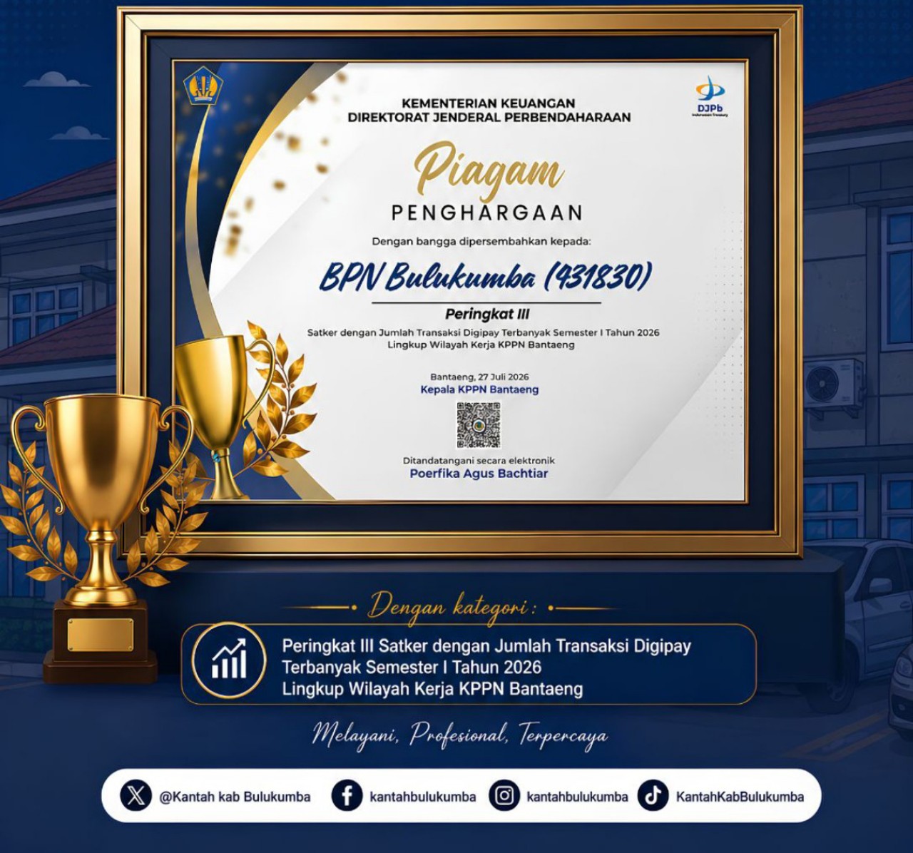 BPN Bulukumba Borong Tiga Penghargaan KPPN Bantaeng Semester I 2026
